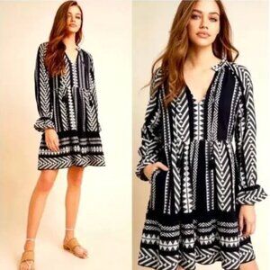Maeve Anthropologie Dominique Black White Tribal Print Tunic Dress Sz M